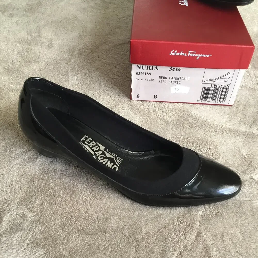 Salvatore Ferragamo Nuria Wedge Black Patent Leather Pumps Size 6 - Picture 2 of 10